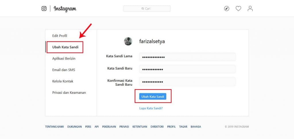 cara ubah password ig