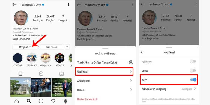 mengaktifkan pemberitahuan igtv orang