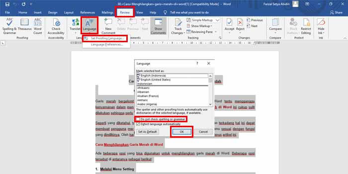 cara agar tidak ada garis merah di word