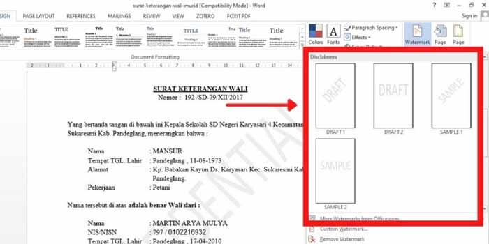 cara memberi watermark di word